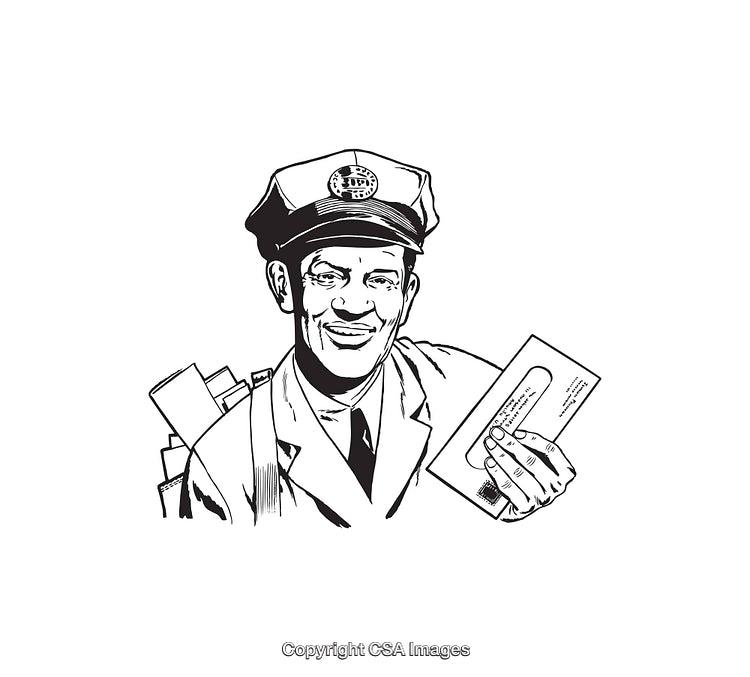 Vintage Black and White Illustration of a Happy Mailman With Letters