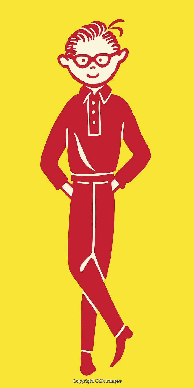 Bright Line Art Illustration of a Cheerful Figure in Bold Red and Yellow