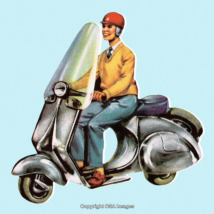 Vintage Illustration of a Man Riding a Classic Scooter in Retro Style