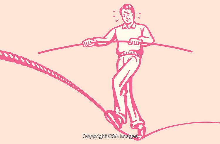 Man Balancing on Tightrope Holding Pole - Color Line Art Illustration