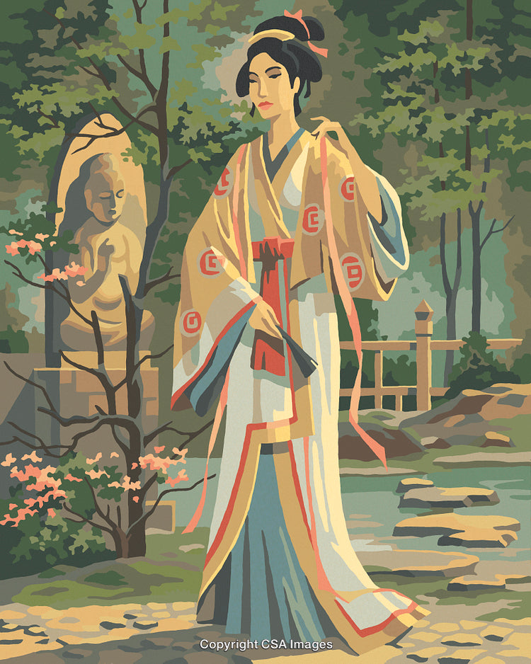 Traditional Lady in Garden Scene Styled as Paint by Numbers Art