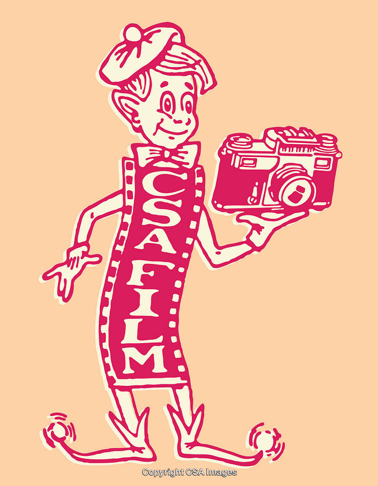 Vintage Cartoon Character With Camera and Film Illustration on Bright Background