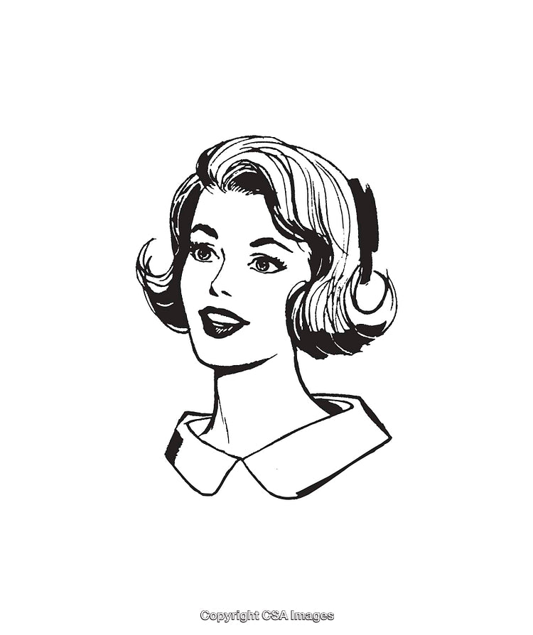 Black and White Retro Style Woman Line Art Illustration