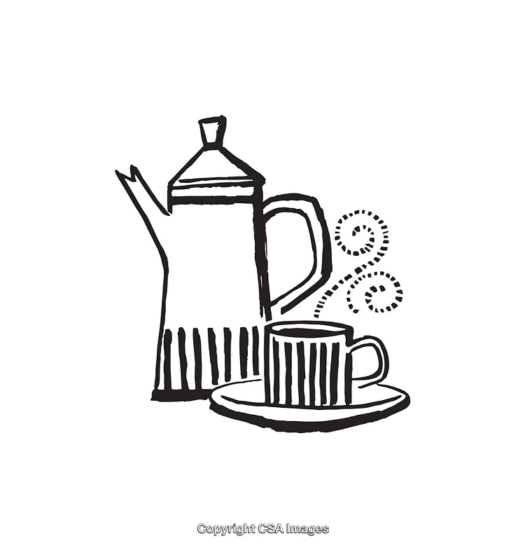 Black And White Line Art of Coffee Pot and Cup With Swirling Pattern