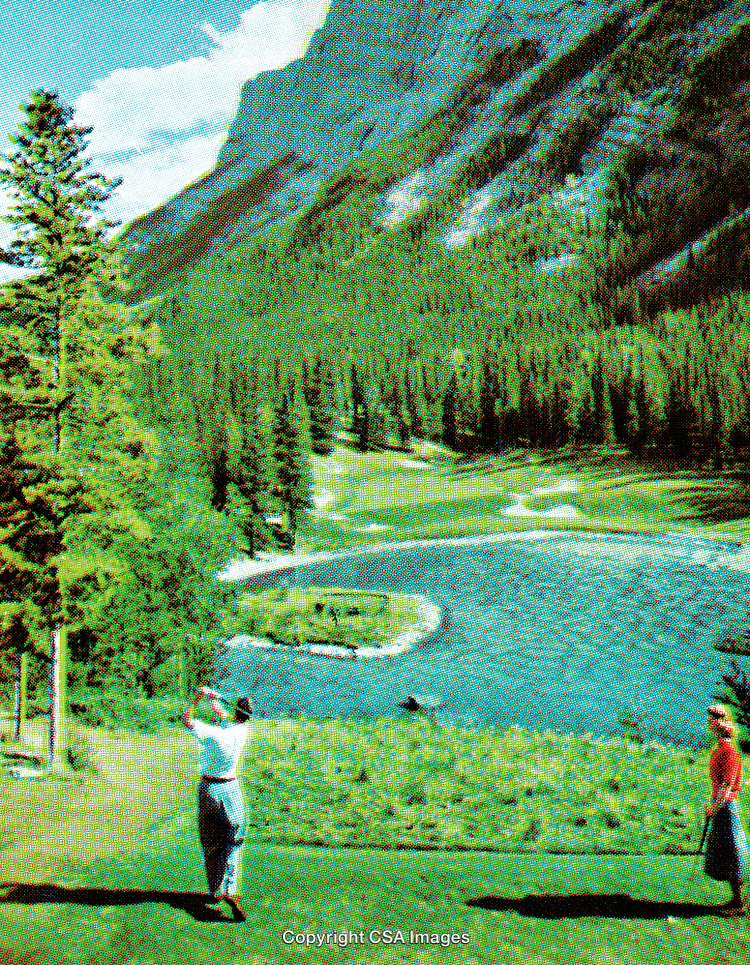 Golfers Enjoying a Scenic Course by Mountains and a Serene Lake
