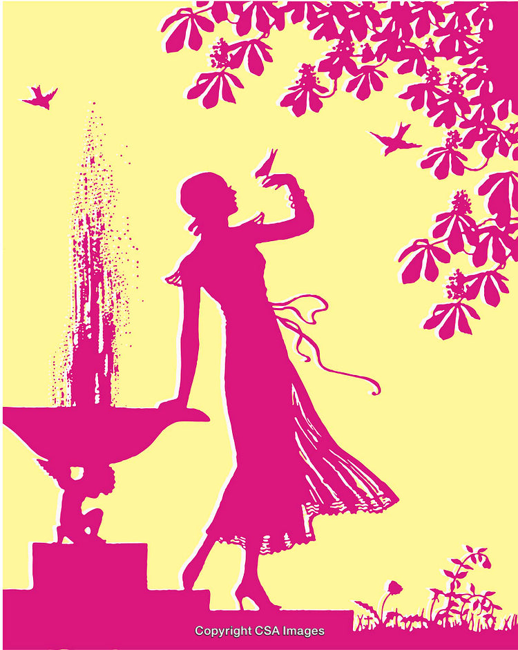 Elegant Silhouette by Fountain With Birds and Lush Greenery