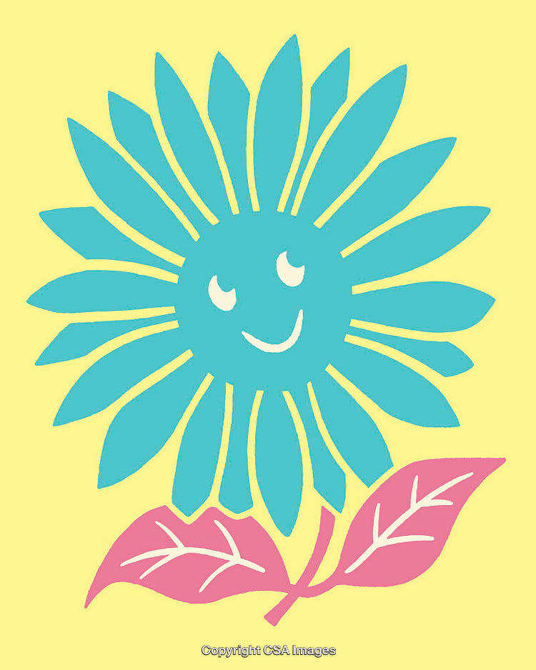Colorful Illustration of a Smiling Sunflower with Pink Leaves