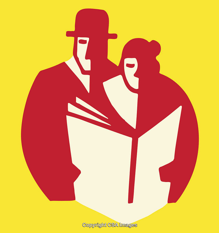 Stylized Illustration of Two People Reading a Brochure Together