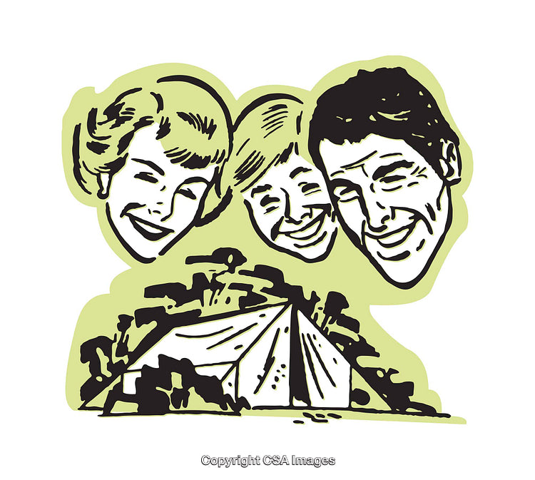 Retro Color Illustration of a Happy Family Camping in Nature