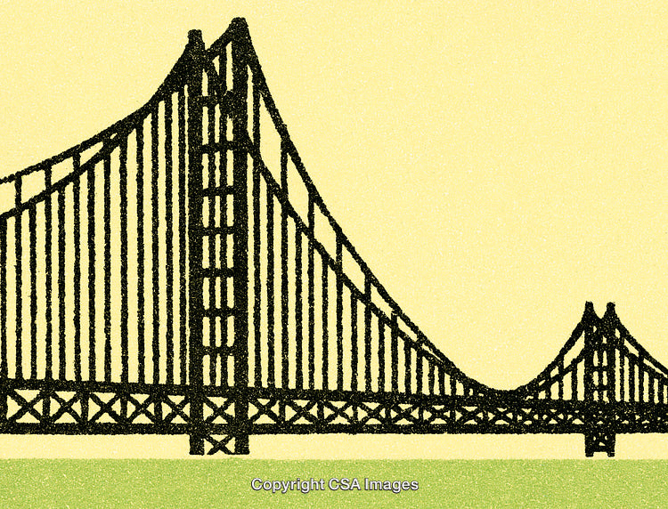 Stylized Illustration of a Suspension Bridge Against a Light Background