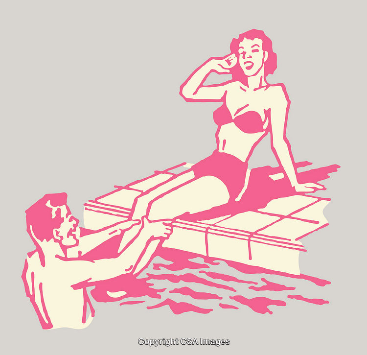 Vintage Style Color Line Art of People by the Poolside