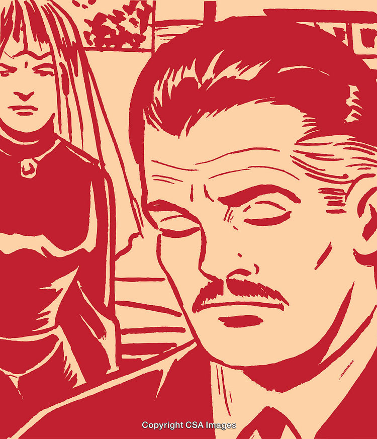 Expressive Pop Art Illustration of a Man and Woman in Red and Beige Tones
