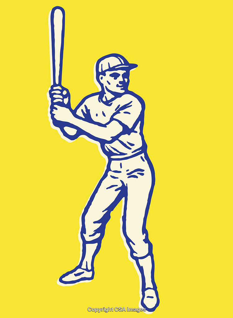 Vintage Line Art Illustration of a Baseball Batter on a Yellow Background