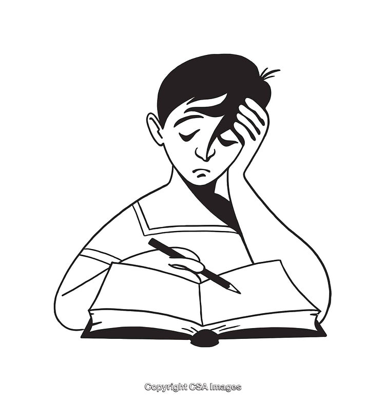 Black and White Line Art of a Pensive Student Studying