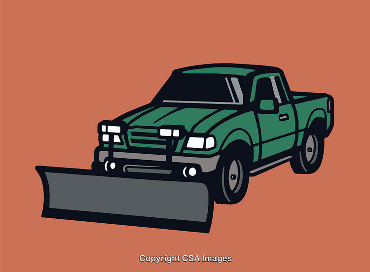 Green Pickup Truck with Snow Plow Illustration on Solid Background