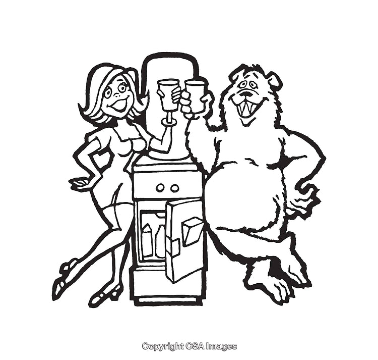 Humorous Black and White Line Art of a Woman and a Bear Cheers