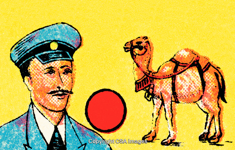 Illustrative Art of a Man and a Camel with a Vibrant Yellow Background