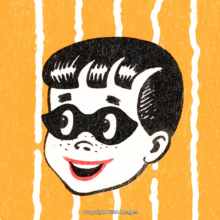 Retro Cartoon Illustration of Smiling Child Wearing Eye Mask on Striped Background