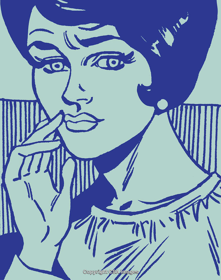 Expressive Pop Art Illustration of a Thoughtful Woman in Blue Tones