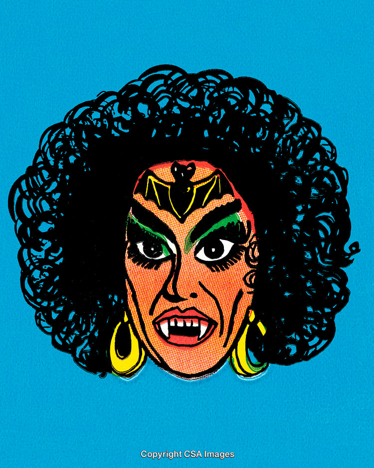 Colorful Illustrated Portrait of a Vampire Woman with Curly Hair and Earrings