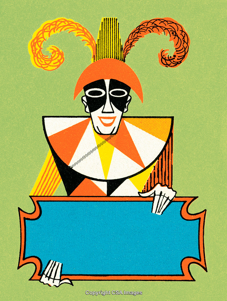 Colorful Harlequin Illustration Featuring a Jester with a Blank Label