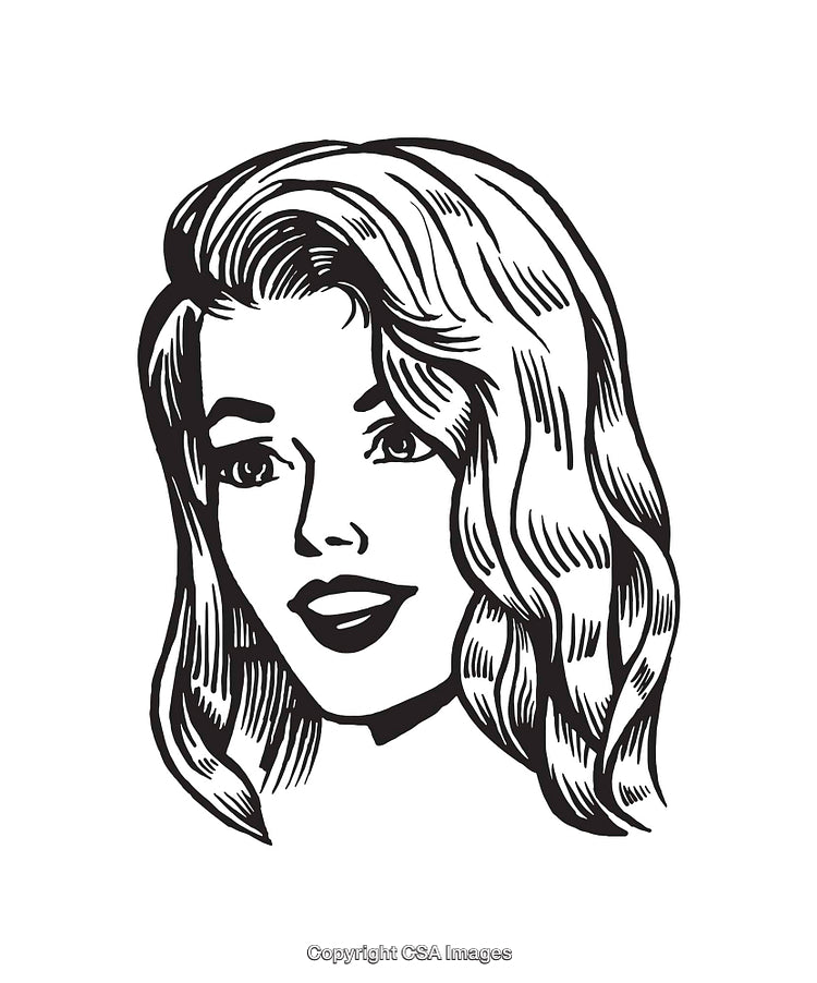 Black And White Line Art of Smiling Woman With Detailed Hair Design