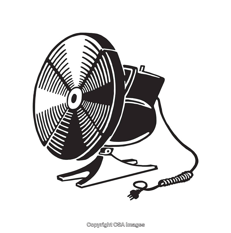 Black and White Line Art of a Desk Fan with Power Chord