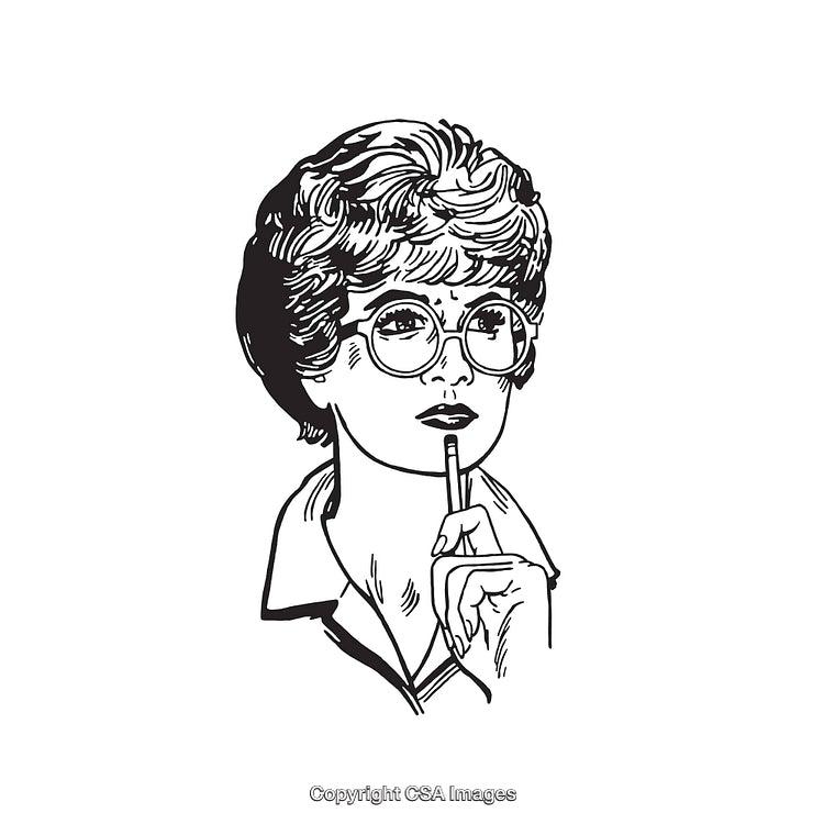 Black and White Line Art Woman with Glasses in Thoughtful Pose