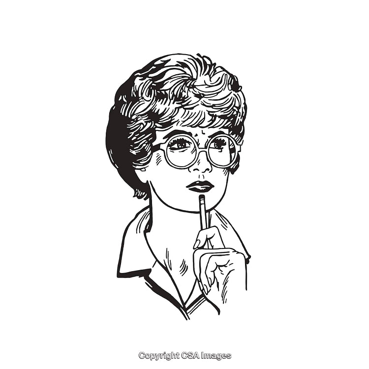 Black and White Line Art Woman with Glasses in Thoughtful Pose