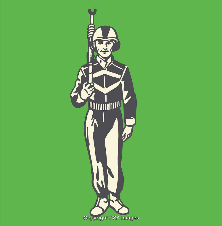 Stylized Color Line Art Illustration of a Soldier in Uniform Holding Rifle