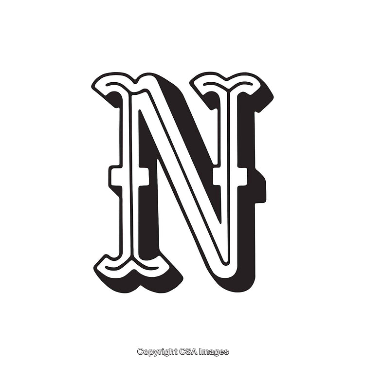 Stylized Black and White Letter N With Vintage Design Elements
