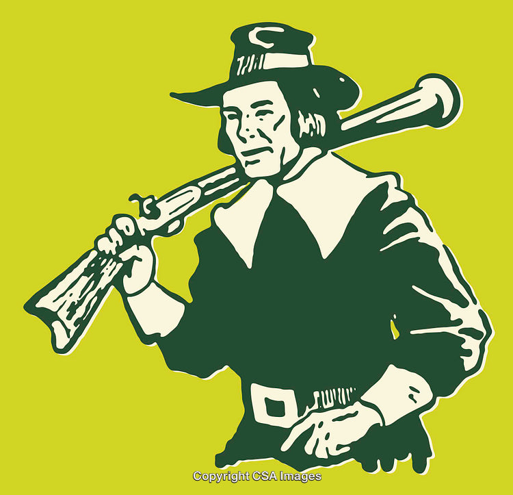 Green-Tinted Vintage Pilgrim Illustration Holding Rifle on Vibrant Background