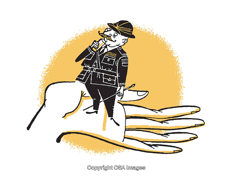 Quirky Illustration of Tiny Character on Hand with Yellow Background