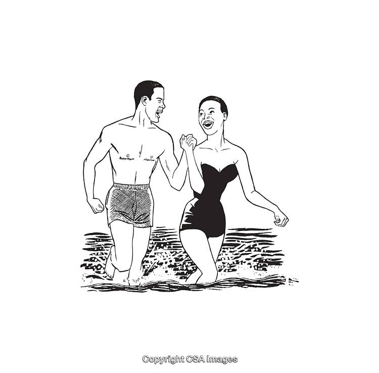 Vintage Line Art of Happy Couple at the Beach Holding Hands