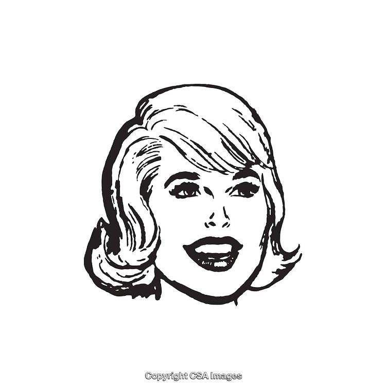 Retro Style Line Art of a Smiling Woman's Face in Black and White