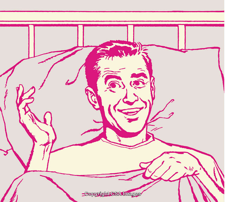 Retro Illustration of a Cheerful Man Smiling in Bed