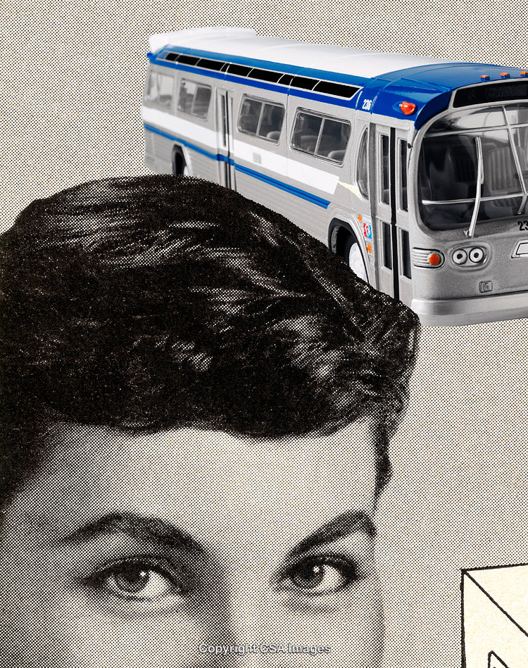 Vintage Toy Bus Collage With Retro Style Elements and Portrait Detail