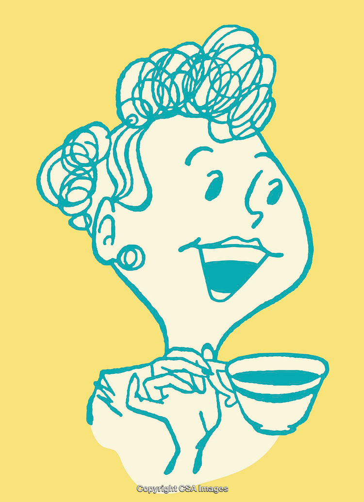Playful Retro Illustration of Woman With Coffee Cup on Bright Yellow Background
