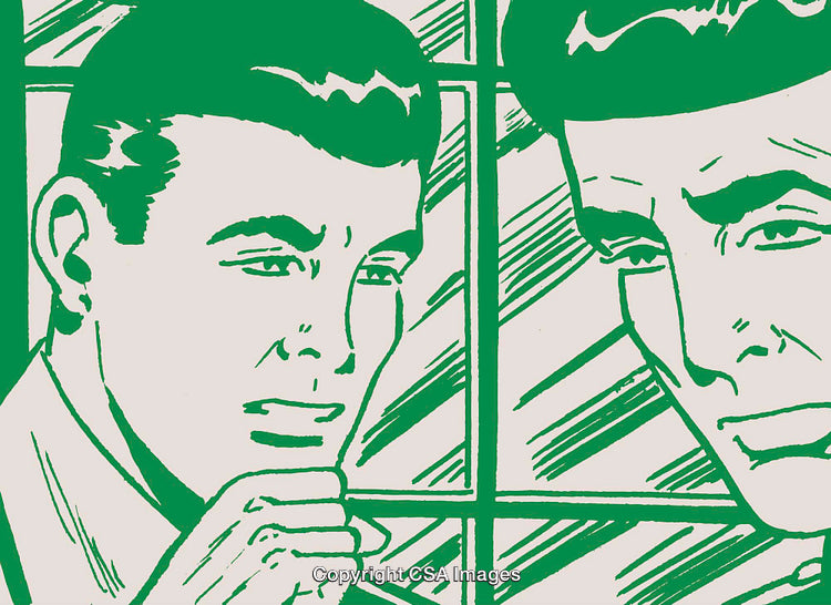 Retro Style Illustration of Two Men in Conversation with Green Tone