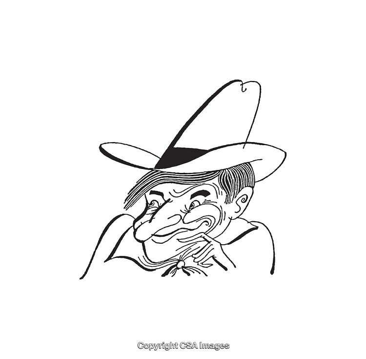 Black and White Caricature of a Cowboy Man Smiling Mischievously