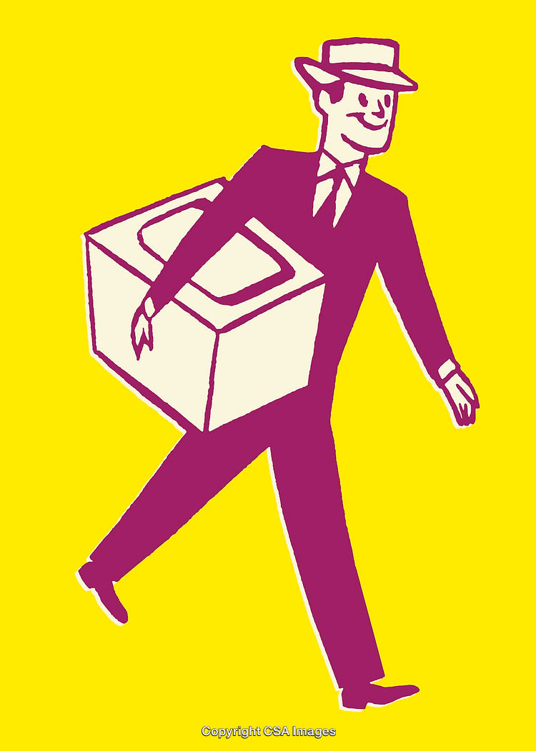 Retro Illustration of a Man Carrying a Box on Yellow Background