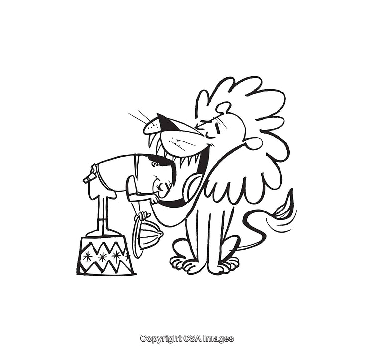 Circus Performer Interacting with a Friendly Lion in Black and White