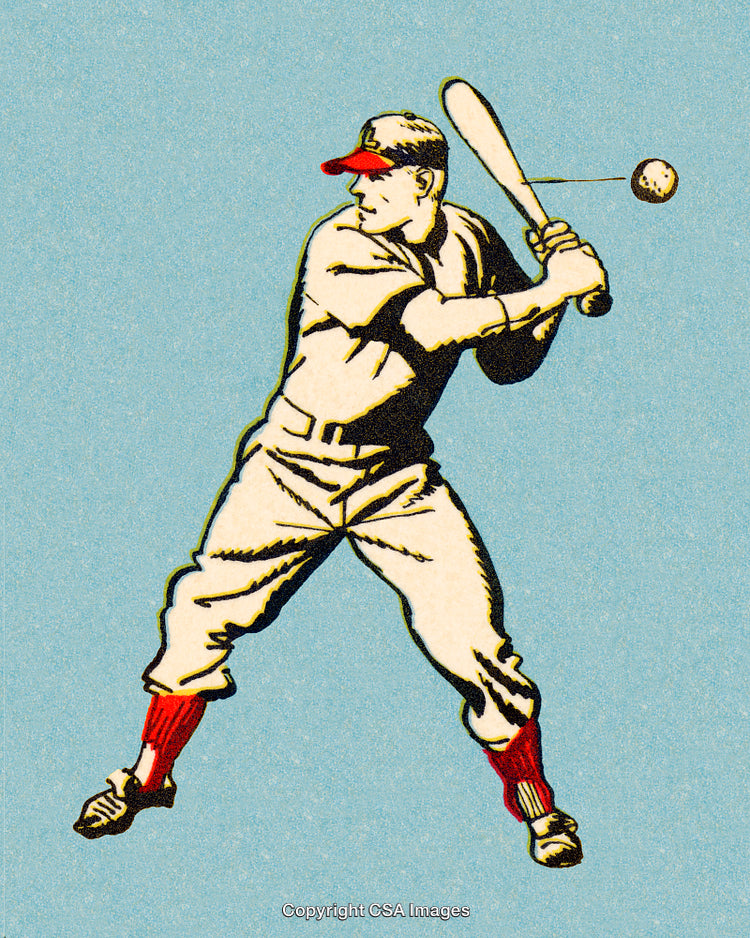 Vintage Illustration of a Baseball Player Swinging Bat in Mid Game Action
