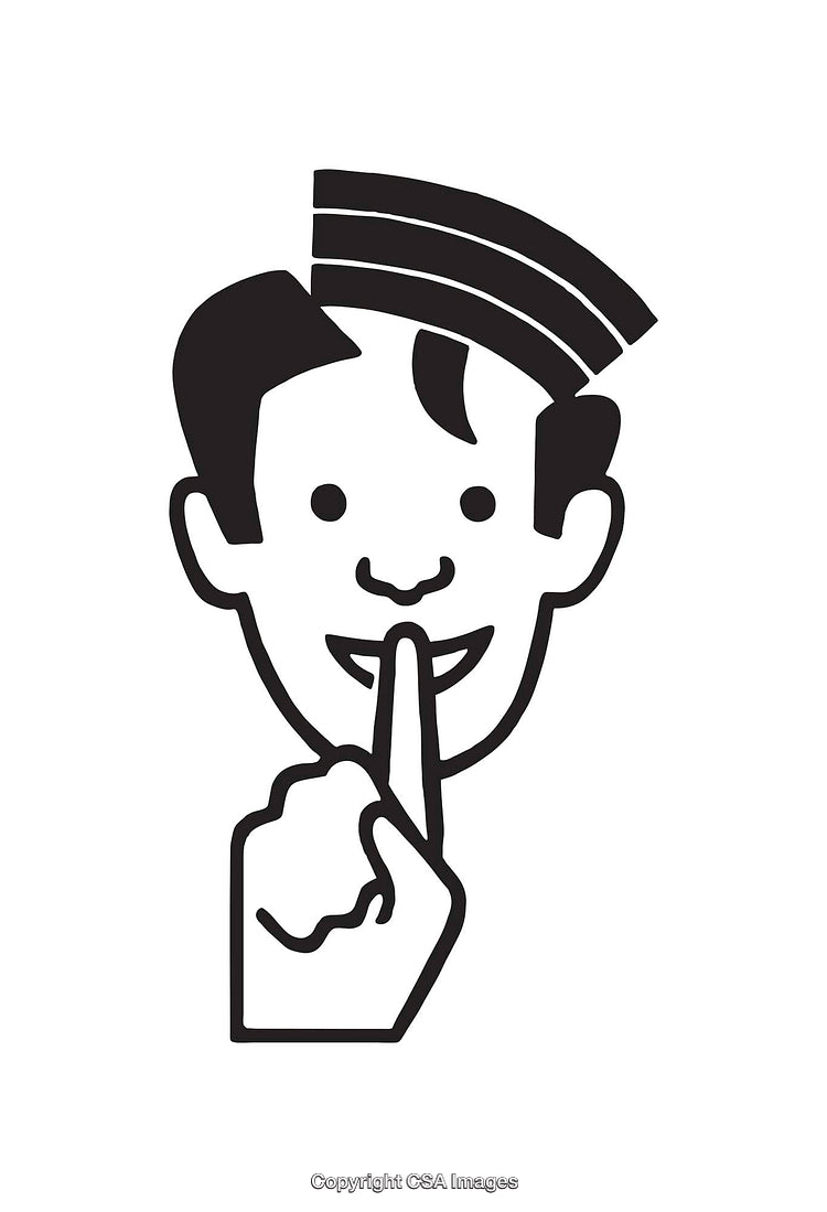 Black and White Retro Illustration of a Silencing Gesture