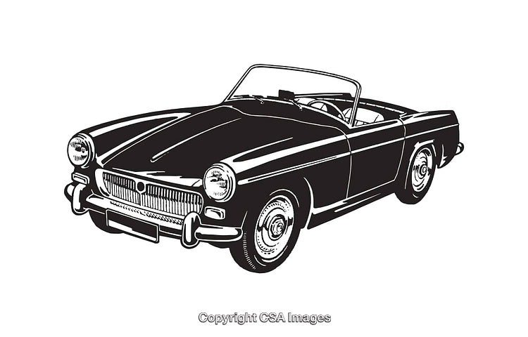 Classic Convertible Vintage Car Line Art Illustration in Black and White