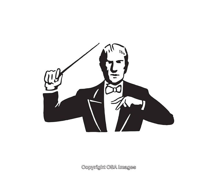 Black and White Line Art Illustration of a Conductor Leading an Orchestra