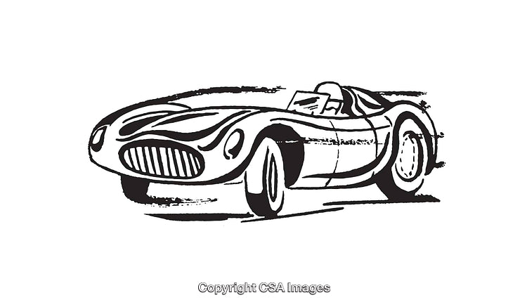Black and White Illustration of a Classic Racing Sports Car