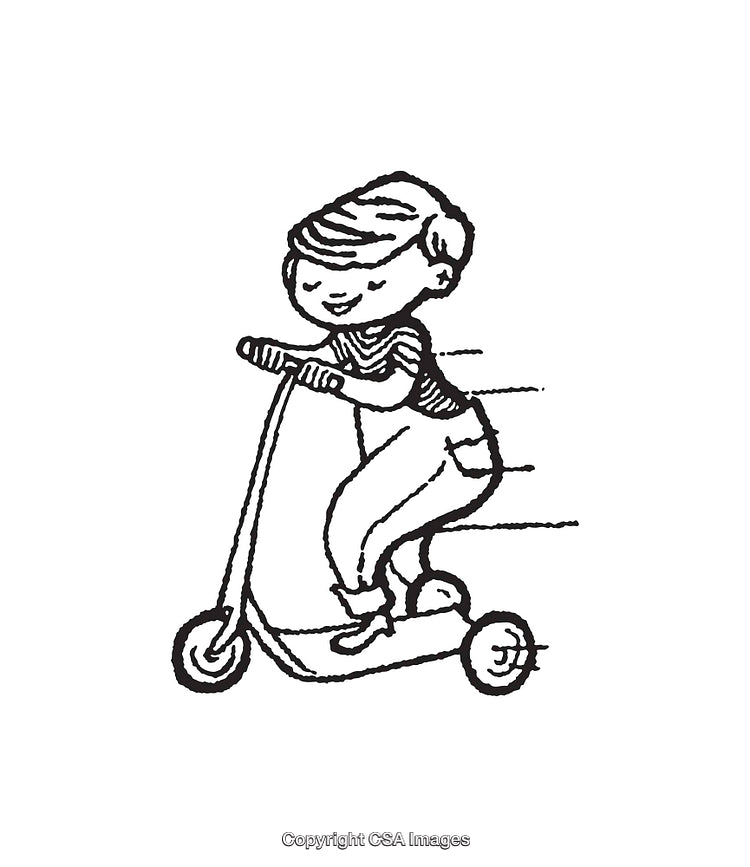Child Riding a Scooter in Black and White Line Art Illustration
