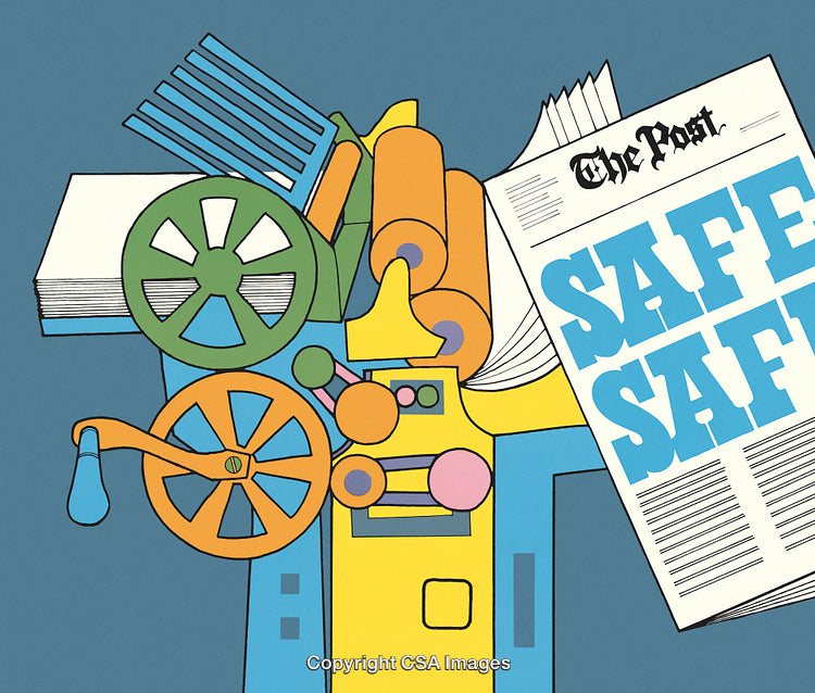 Colorful Illustration of a Printing Press Producing Newspapers with Bold Typography