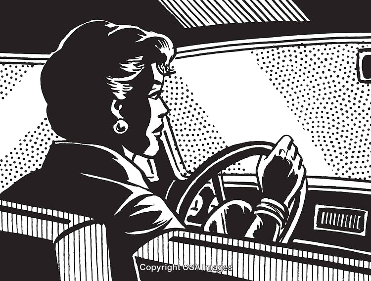 Retro Style Illustration of a Woman Driving a Vintage Car in Black and White